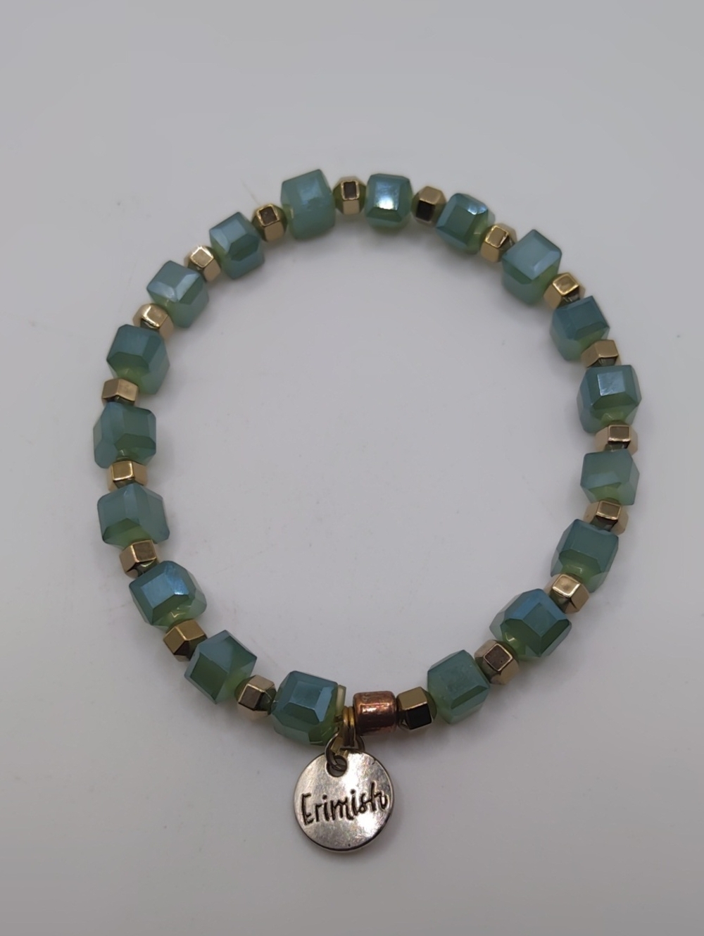 Erimish Green Glass and Gold Tone Spacer Bracelet Size 6.5
